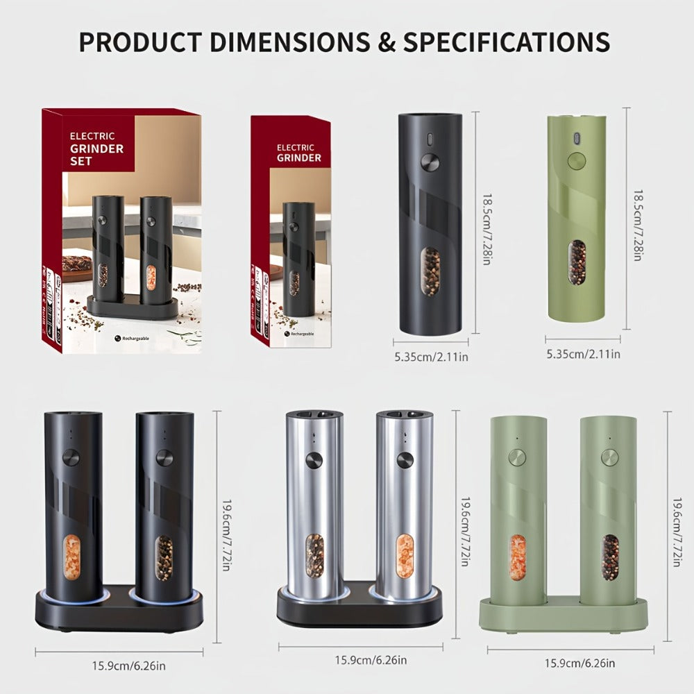Electric Salt and Pepper Grinder Set – Rechargeable Automatic Mills with LED Light, Adjustable Coarseness & 3.72oz Capacity for Home Kitchen, BBQ, Restaurant & Outdoor Entertaining