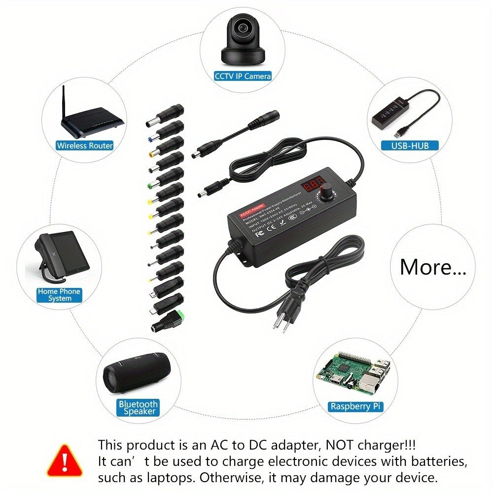 Adjustable 4–24V AC/DC Power Adapter with 48W Label, LCD Readout, Knob and Polarity Converter Set