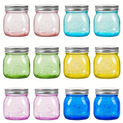 Mason Jars 8oz 12-Pack Colored Airtight Canning Jars with Metal Lids Regular Mouth for Jam Honey Pickling Spices Wedding Favors Pantry Storage