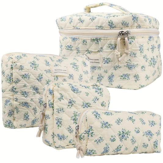 Makeup Bag – Quilted Makeup Bag Set 4-Piece Floral Rose Coquette Aesthetic Premium Cotton Cosmetic Organizer Travel Toiletry Pouch 4…
