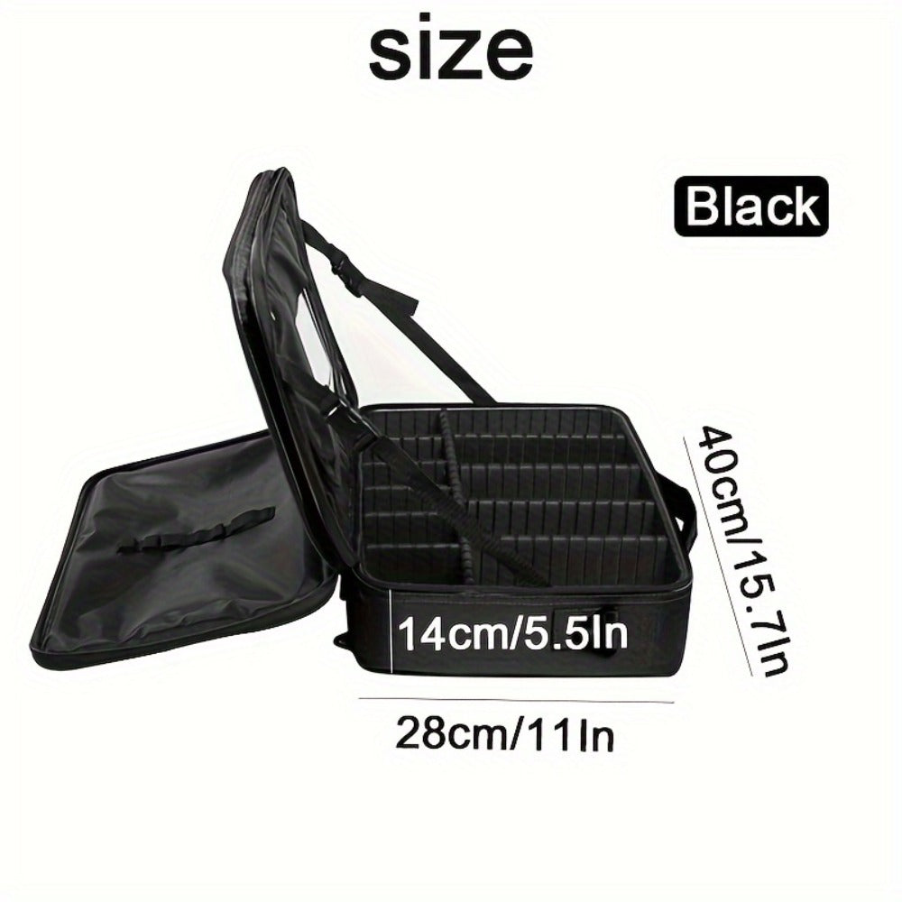 Black 15.8-Inch Soft Makeup Train Case with Three-Layer Interior, Brush Panel and Shoulder Strap