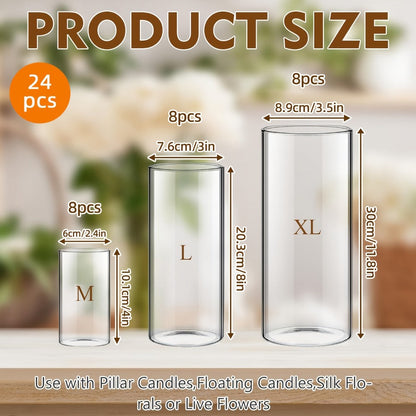 Clear Glass Cylinder Vase Set in 18- or 24-Piece Configurations with 4, 8 and 12-Inch Heights