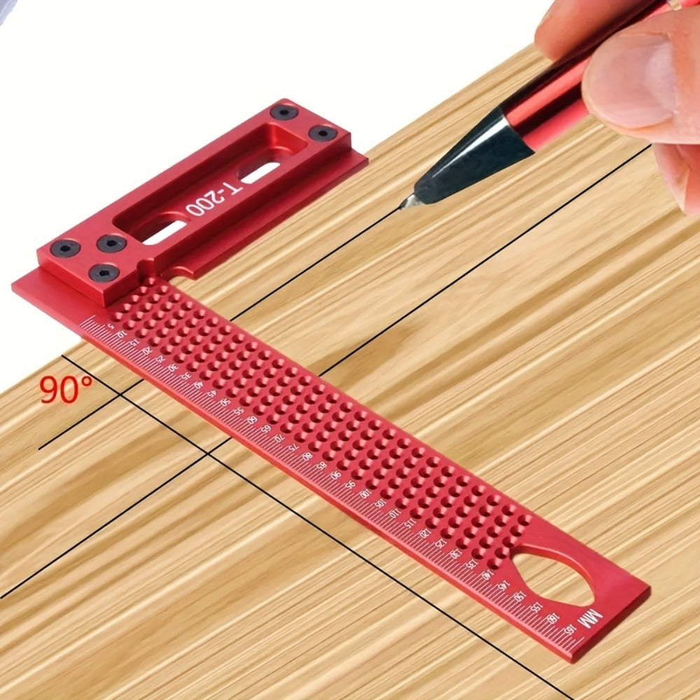 200 mm Aluminum T-Square Marking Gauge with Sliding Stop, Metric Scale and Red Anodized Finish
