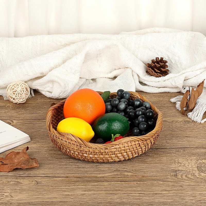 Round Woven-Look Decorative Tray with Raised Rim and Displayed 8.5-Inch Diameter in Natural Color