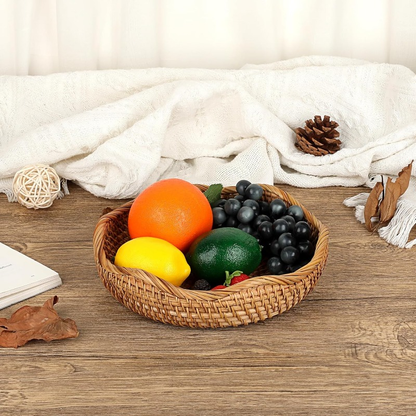 Round Woven-Look Decorative Tray with Raised Rim and Displayed 8.5-Inch Diameter in Natural Color