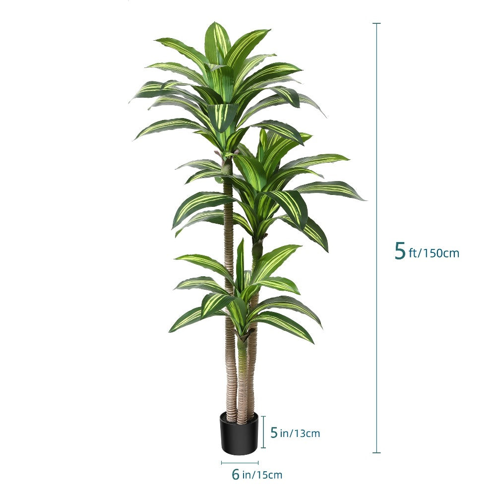 Potted Dracaena Artificial Tree with Complete 4, 5 and 6 ft Height Options and Layered Green Leaf Display