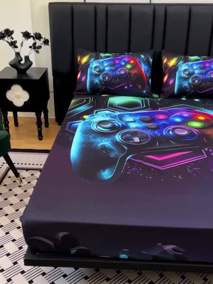 3-Piece Gamepad Bedding Set with Fitted Sheet and 2 Pillowcases, Twin to King Sizes, No Filling