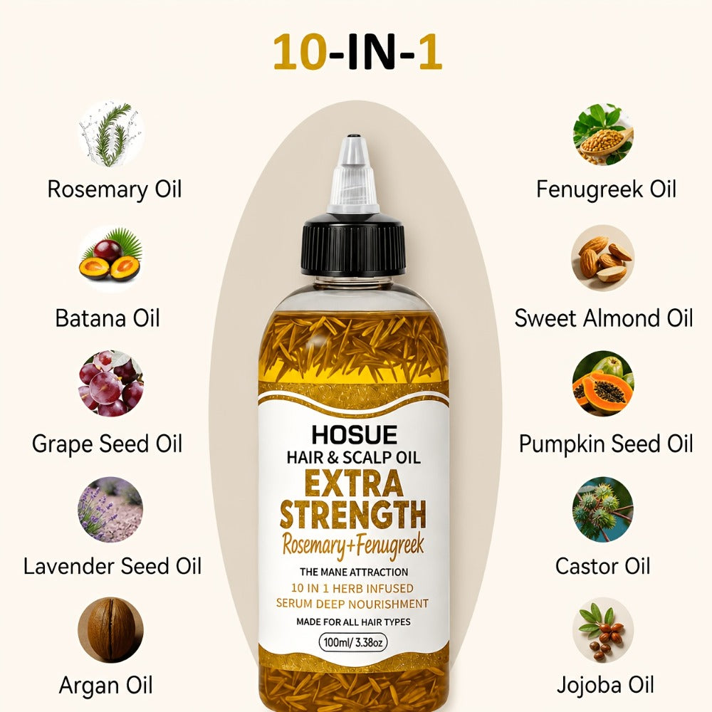 Fenugreek & Rosemary Hair Growth Oil 10-in-1 — Batana Argan Pumpkin Seed Scalp Nourishing Strengthening Repair Serum for Thinning Hair, Women & Men, 3.4oz