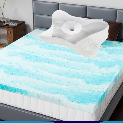 Mattress Topper Cooling-Gel Swirl Foam in 2- or 3-Inch Sizes with Gray Foam Pillow Options