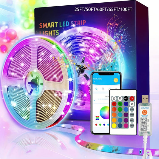 IR Remote LED Strip Lights with Music Sync & DIY Mode - RGB Color Changing Gradient Breathing Flashing USB Powered 25FT 50FT 60FT 65FT 100FT for Bedroom Gaming Room Party Holiday Decoration