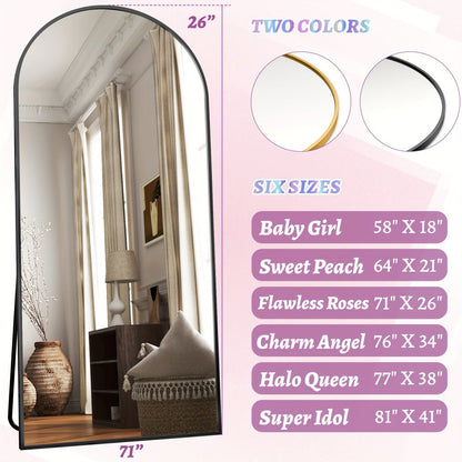 Large 68 × 26 Inch Black Arched Full-Length Floor Mirror with Slim Frame and Freestanding Support