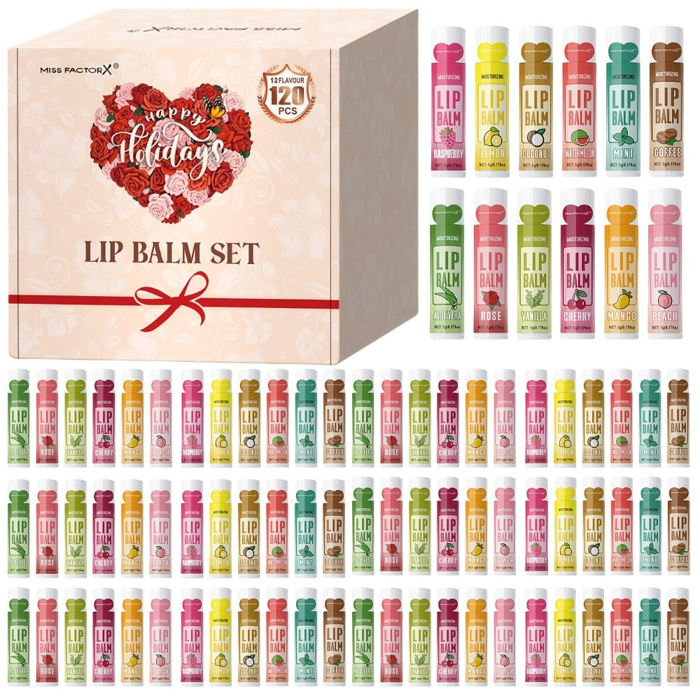Lip Balm 120-Piece Bulk Set with 12 Flavors, Glossy Twist-Up Tubes and Divided Gift Box Packaging