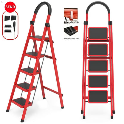 Red Five-Step Folding Ladder, 55.1 Inches Open with Padded Handrail, Side Tool Holder and Ribbed Treads