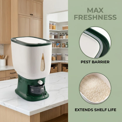 Rice Dispenser with Measuring Cup, 22LB Large Capacity 6-Chamber Sealed Grain Storage Container, Transparent Window, Moisture & Insect Resistant, One-Click Design for Rice Beans Flour Pet Food – Kitchen Cabinet Organizer