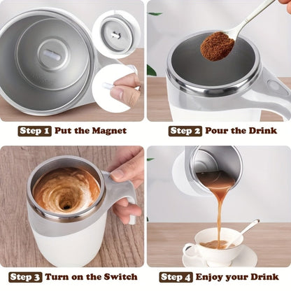 White Self-Stirring Coffee Mug with Magnetic Mixing Piece, Side Button, Lid and 250ml Marking