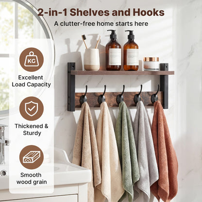 Wall Mounted Coat Hook Shelf with 5 Hooks - Wooden Floating Shelf & Key Rack Organizer for Entryway, Bedroom, Bathroom, Kitchen & Living Room - Rustic Vintage Style