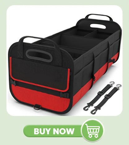 Car Trunk Organizer, 95L Foldable 4-Compartment Bin with Two Retractable Straps and Divider Set