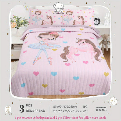 Pink Pony and Princess Print Three-Piece Bedspread Set with 67 x 90-Inch Cover and Two 20 x 28-Inch Shams