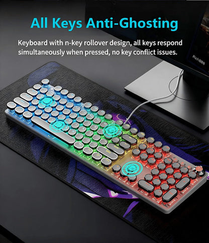 Mechanical Keyboard with Retro Round Keycaps, Green Switches, RGB Backlighting and Multifunction Control Knob