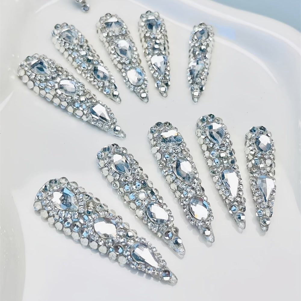 Rhinestone Press On Nails Kit 10pcs Extra Long Almond – Handmade Y2K Silvery Glam Fake Nails with Nail Tools, Stickers & Charms for Women, Party, Christmas, DIY Salon Nail Art Set