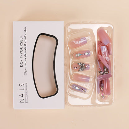 Long Ballerina Press On Nails 96 Pieces 4 Packs + 4 Bracelets Gift Set – Blue Gradient 3D Flower Butterfly Rhinestone Glossy Full Cover False Nails & Beaded Bangles for Women Girls | Prom Wedding Party