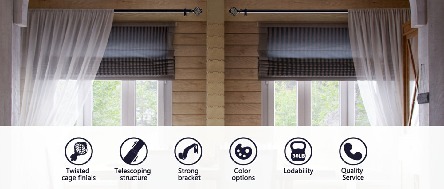 Black Adjustable Curtain Rod with Lattice Finials and Four Length Ranges from 18–32 to 34–152 Inches