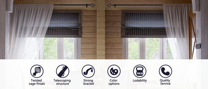 Black Adjustable Curtain Rod with Lattice Finials and Four Length Ranges from 18–32 to 34–152 Inches