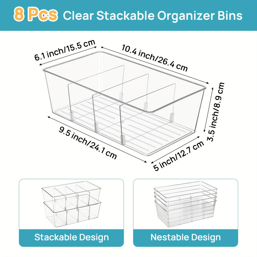 Clear Pantry Storage Bins Set of 8 with Dividers - Transparent Refrigerator Organizer Bins for Kitchen Cabinet, Pantry Organization, Snack Packet Spice Pouch Storage, 10.4" x 6.1" x 3.5"