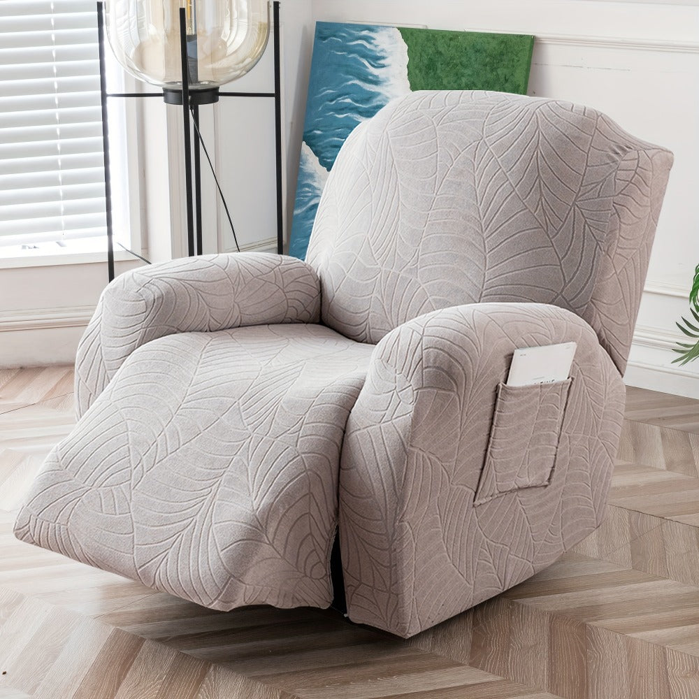 Four-Piece Recliner Chair Cover Set with Leaf Jacquard Pattern, Side Pocket and Six Color Options