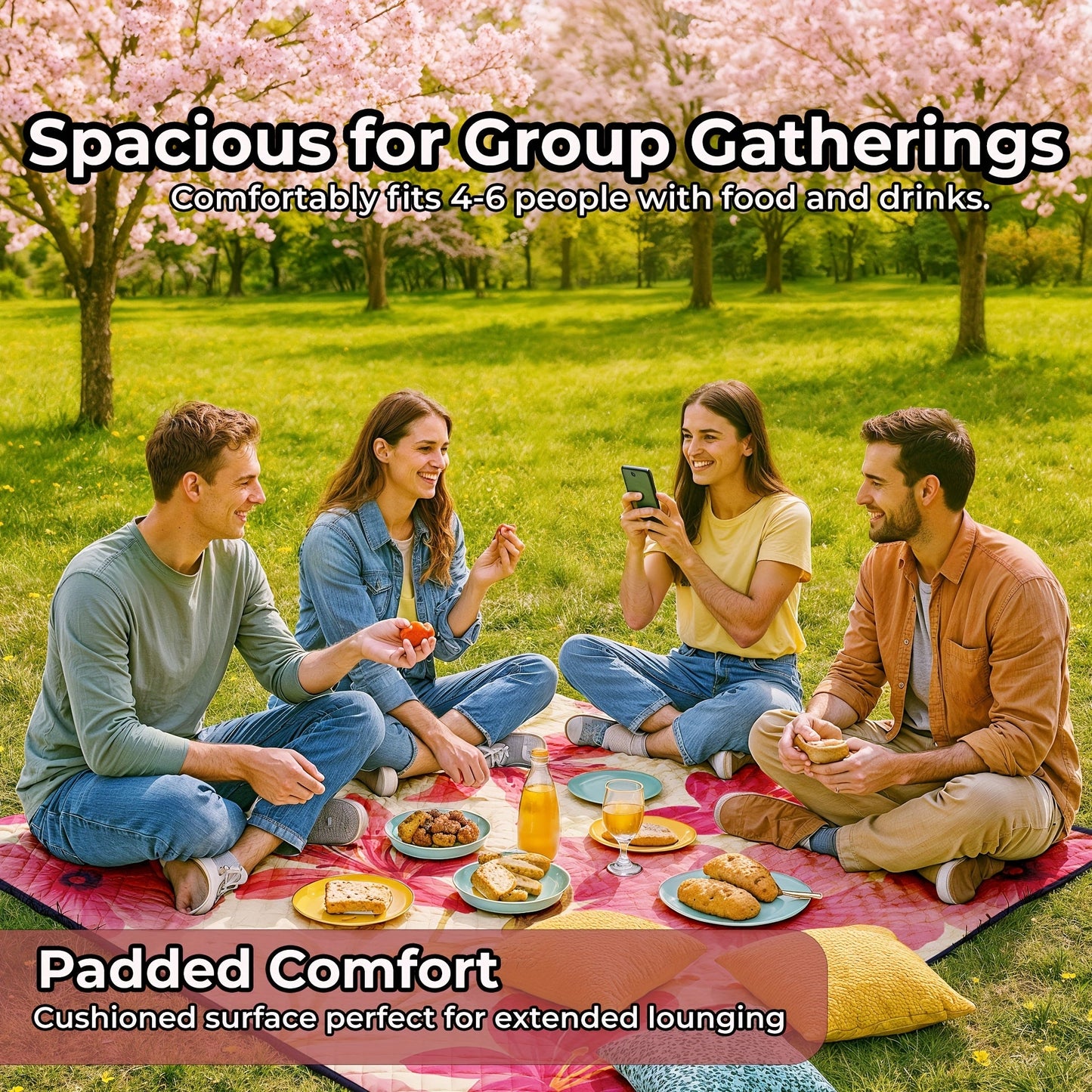 Large Padded Picnic Blanket with Roll-Up Carry Straps and Five Evidence-Bound Pattern Options