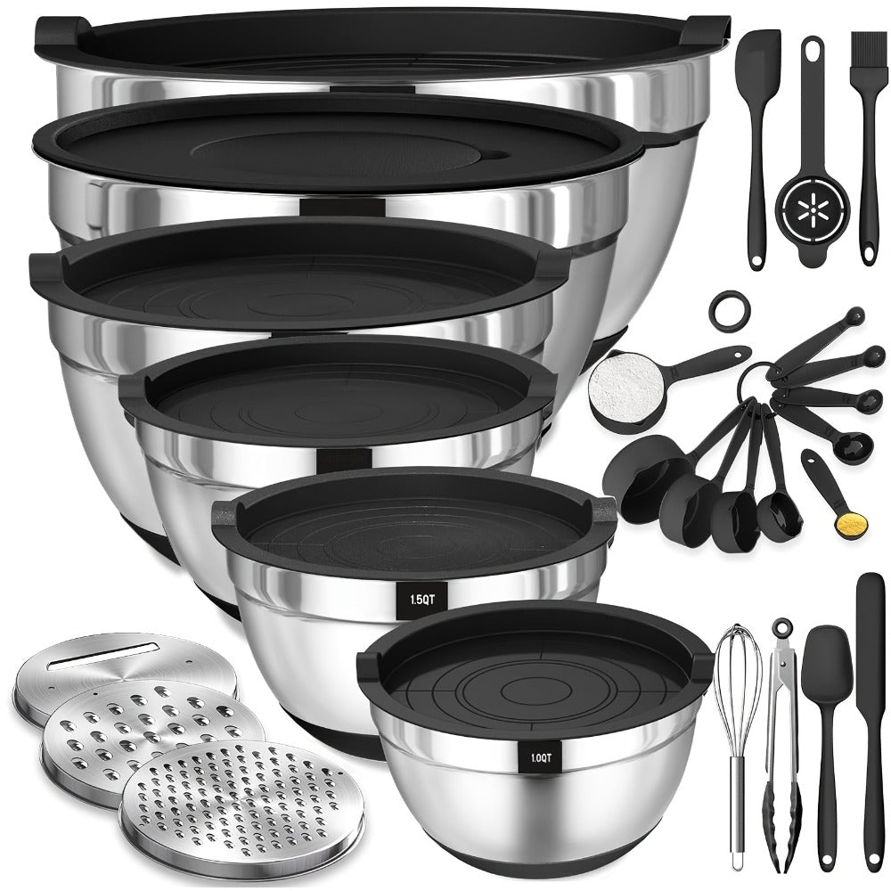 Mixing Bowls Set with Airtight Lids, 26pcs Stainless Steel Bowl Set with 3 Grater Attachments, Bottoms