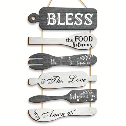 Farmhouse Wall Decor Wood Sign Set - "Bless The Food Before Us" Rustic Kitchen Dining Room Hanging Plaque