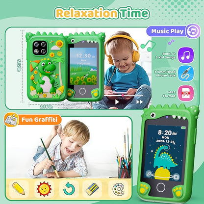 Dinosaur Explorer Phone Toy for Kids with HD Touchscreen & Dual Camera – Educational Smart Phone Toy 8GB for Boys & Girls, Travel Toy in Pink Purple Green, Birthday Christmas Gift