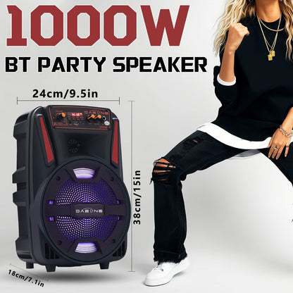 1000W Portable Party Speaker with 8-Inch Woofer & Wired Microphone, Deep Bass 2.1 Surround Sound, 8-Hour Battery, Bluetooth USB SD FM AUX, Wireless Speaker for DJ Karaoke Home Gatherings Outdoor Events