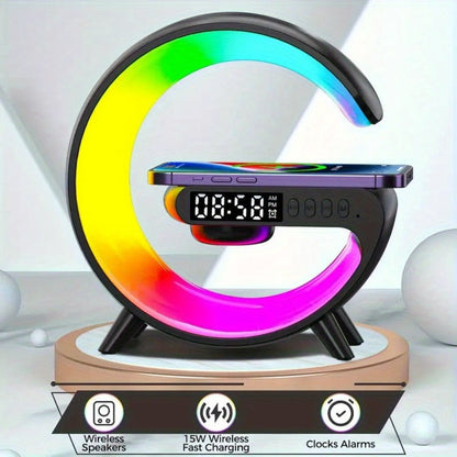 G-Shaped RGB Wireless Charging Lamp with Alarm Clock, Bluetooth Speaker and Black or White Finish