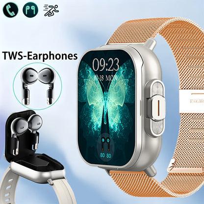 Smart Watch and TWS Earbuds Combo with Integrated Charging Case and Ten Metal Strap Selections