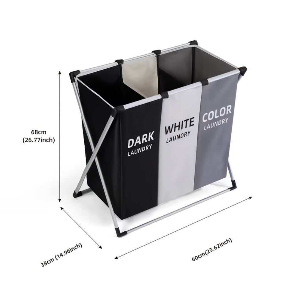 Three-Section Laundry Hamper Sorter with Black, White and Gray Oxford-Fabric Bags and Foldable Frame