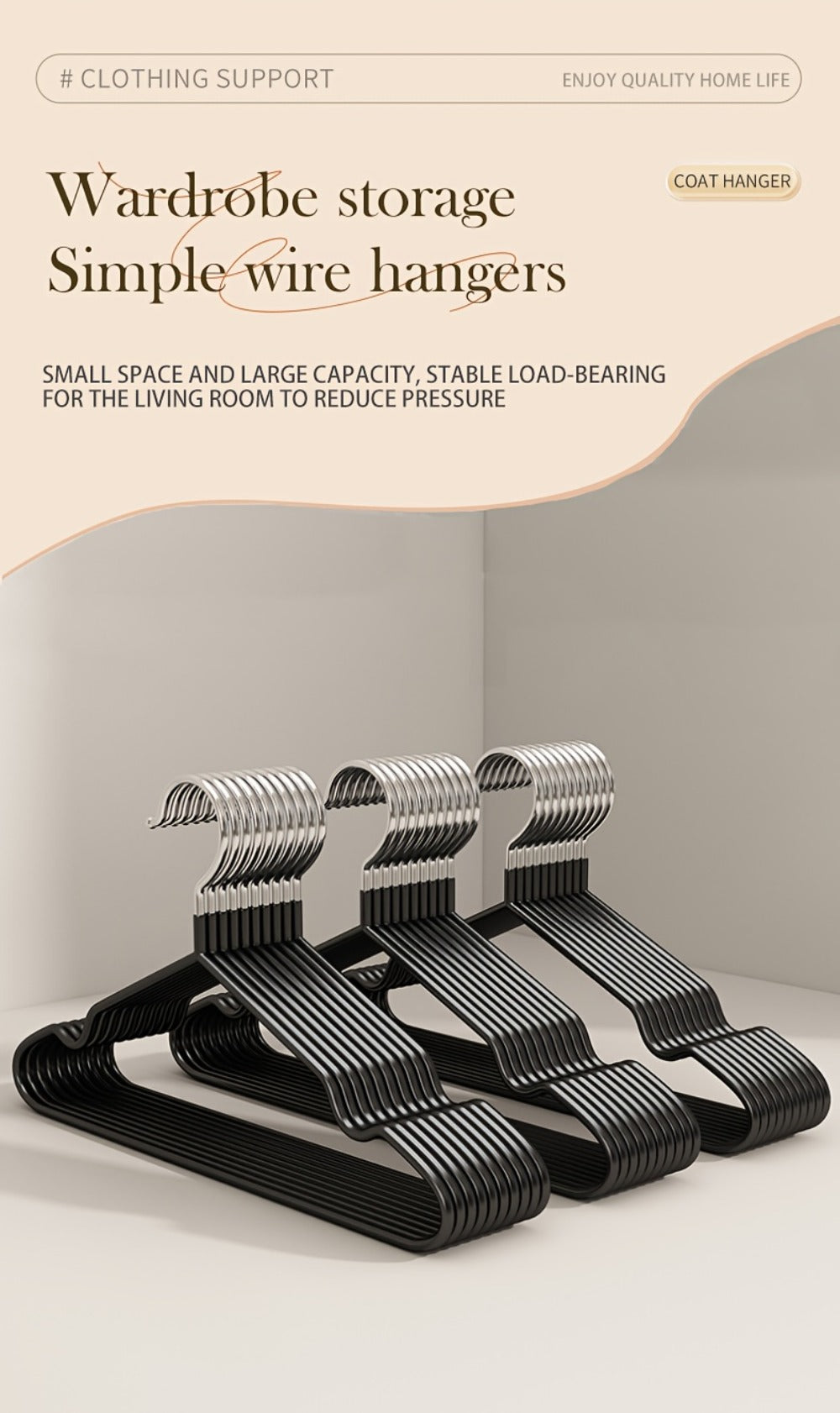 High-Manganese-Steel Clothes Hangers in 30, 50 or 100-Piece Black Packs with Coated Shoulder and Lower Bars