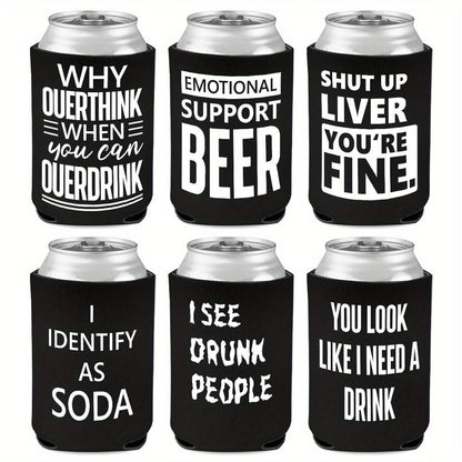 6-Pack Neoprene Beer Can Coolers with Funny Drinking Phrases - Insulated Drink Sleeves for Soda & Lager - Durable Cylindrical Can Huggers for Bachelorette, Oktoberfest & Camping Parties