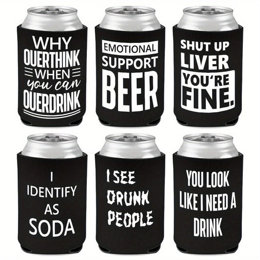 6-Pack Neoprene Beer Can Coolers with Funny Drinking Phrases - Insulated Drink Sleeves for Soda & Lager - Durable Cylindrical Can Huggers for Bachelorette, Oktoberfest & Camping Parties