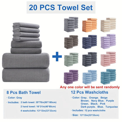 Twenty-Piece Bath Towel Set with Eight Large Towels and Twelve Washcloths in Ten Exact Color Options
