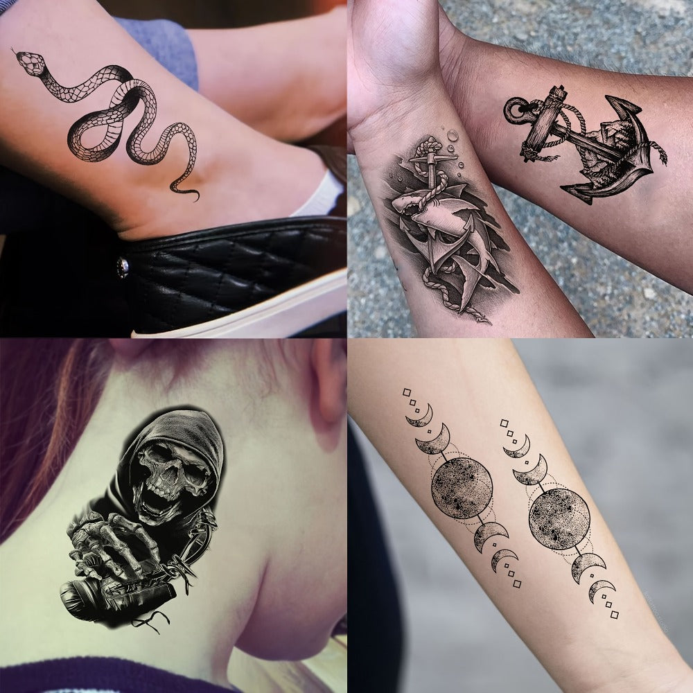 Temporary Tattoos, 71-Sheet Old School and Gothic Set with Tiger, Wolf, Lion, Dragon, Skull and Floral Motifs