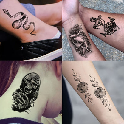 Temporary Tattoos, 71-Sheet Old School and Gothic Set with Tiger, Wolf, Lion, Dragon, Skull and Floral Motifs