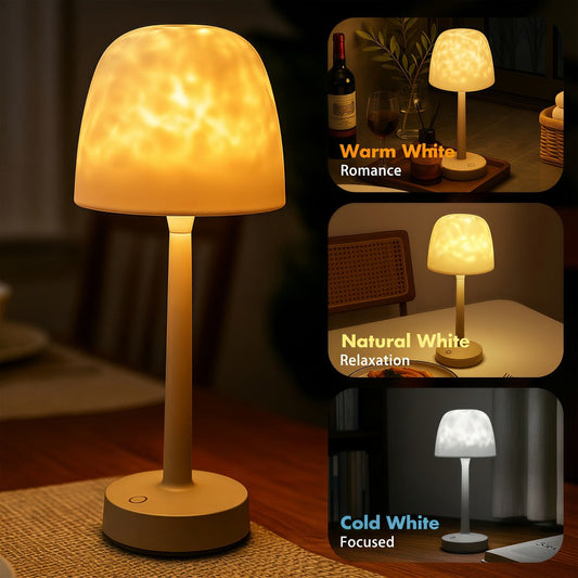 Ocean Wave LED Projector Lamp – 16 Color Rechargeable Cordless Night Light with Remote, Water Ripple Atmosphere Lamp for Bathroom Bedroom, Portable Table Lamp, RGB & Wood Base Options