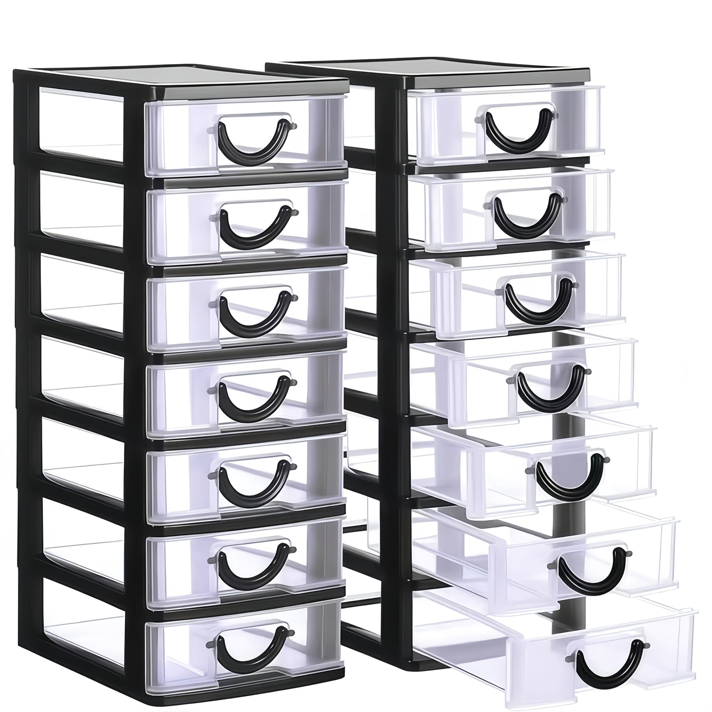 Seven-Drawer Desktop Organizer in Black or White, One- or Two-Piece Set with Clear Front Drawers