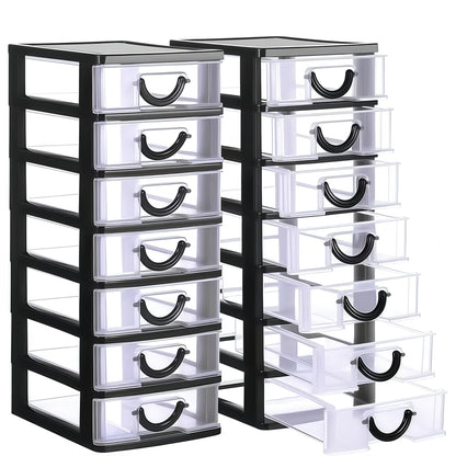 Seven-Drawer Desktop Organizer in Black or White, One- or Two-Piece Set with Clear Front Drawers