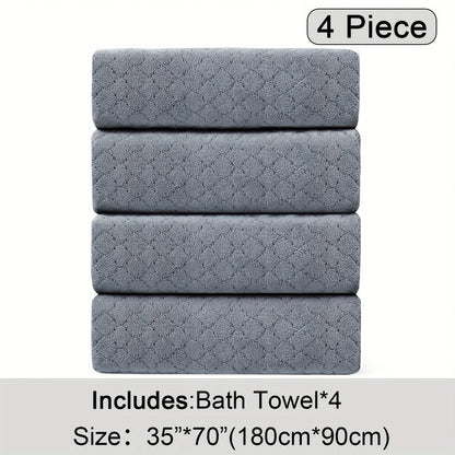 Oversized Bath Towel Set 4 Piece Diamond Pattern Microfiber - Ultra Soft Highly Absorbent Quick Dry | 10 Colors | Blue Green Black Gray Navy Orchid Brown Purple White Turquoise | Bathroom Hotel Gym Gift