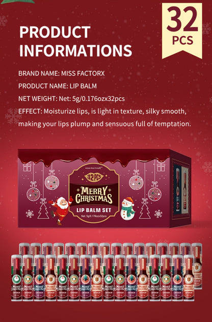 MISS FACTOR 32-Piece Lip Balm Set with Individually Capped Tubes in Red Christmas Gift Box