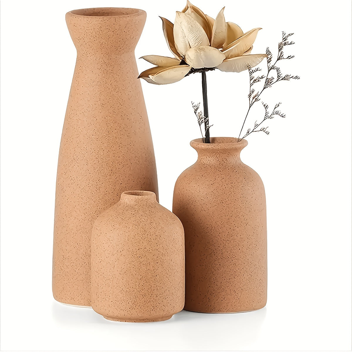 Boho Ceramic Vase Set 3pcs - Matte Nordic Minimalist Geometric Floral Design for Home Decor, Living Room, Entryway, Bookshelf & Bathroom Vanity, Modern Bohemian Decorative Vases, Holiday Gift