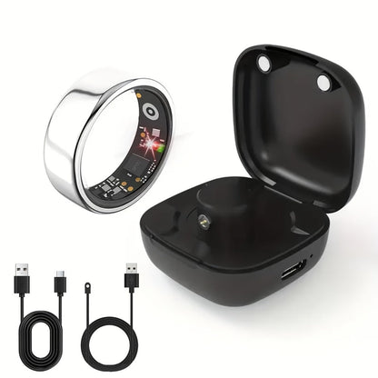 Smart Ring with Charging Case – Bluetooth 6.0 Fitness & Sleep Tracker, Steps, Calories, Remote Camera Control, iOS & Android Compatible, Sizes 7–13, Black Gold Silver
